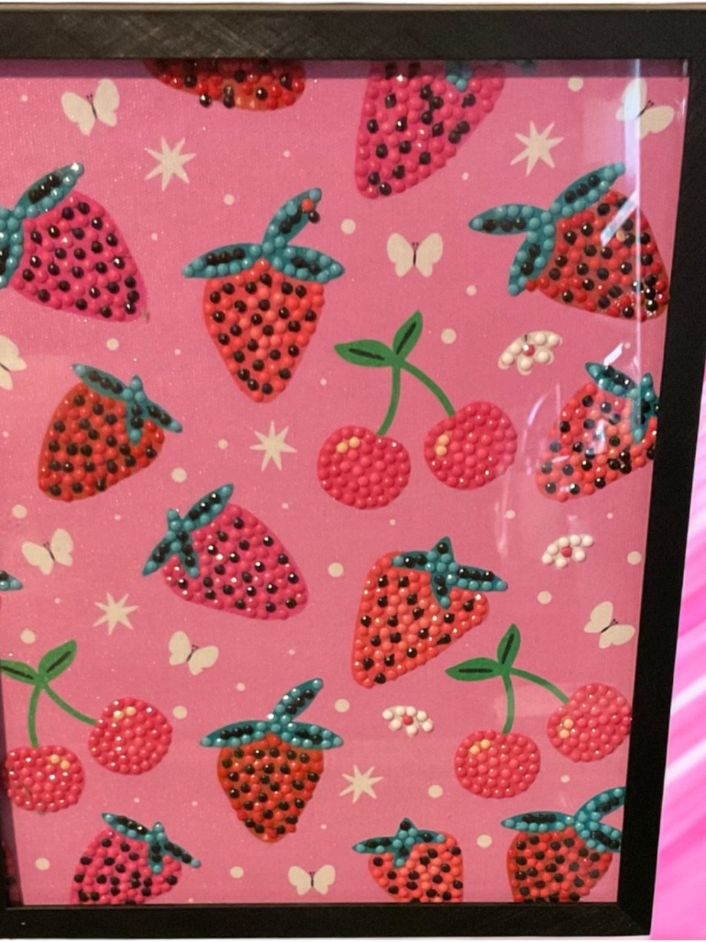 Framed Strawberry Wall Art Pink Beaded Mosaic Decor | Cute Room Aesthetic